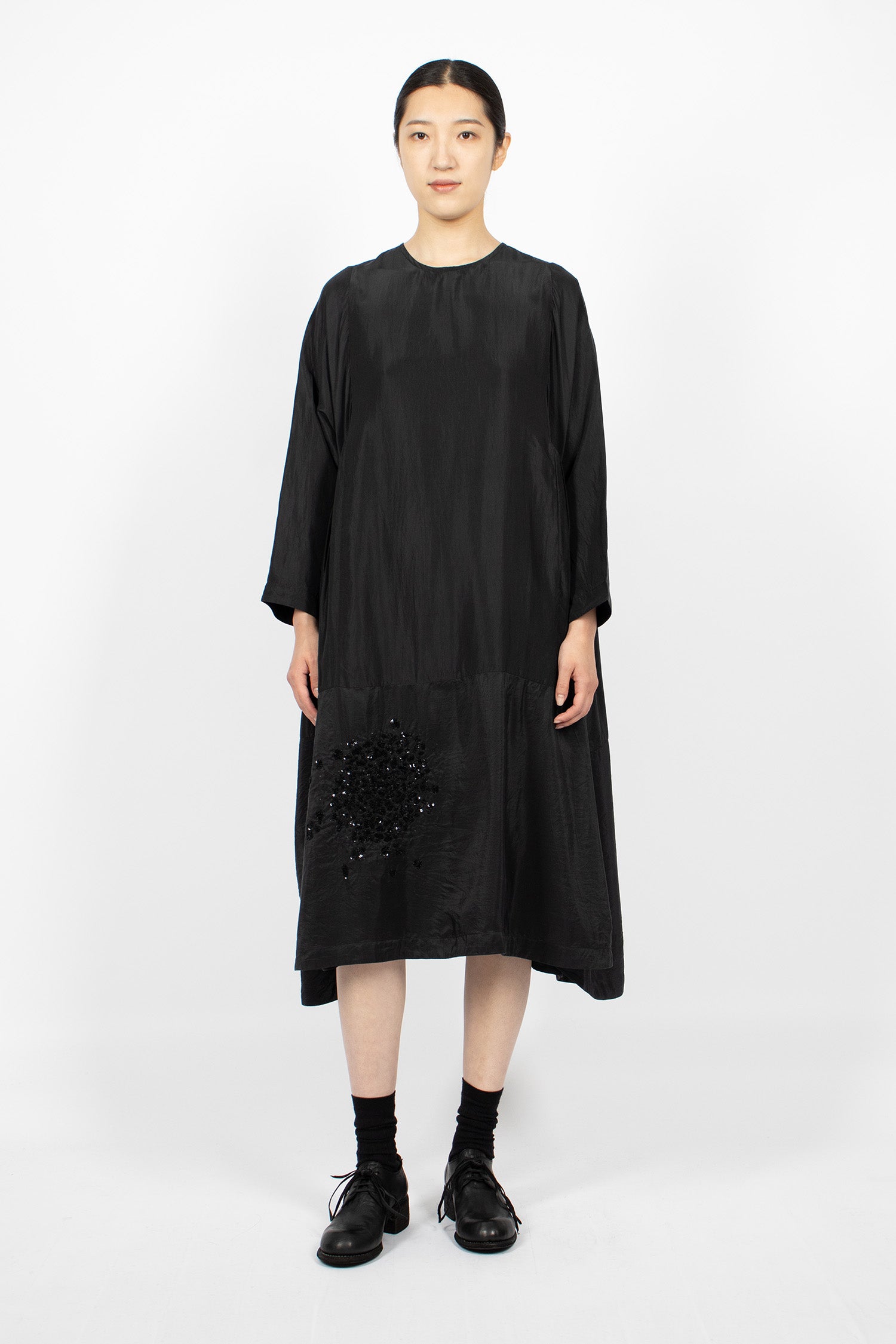 Sequins Cell Gathered Silk Dress Black