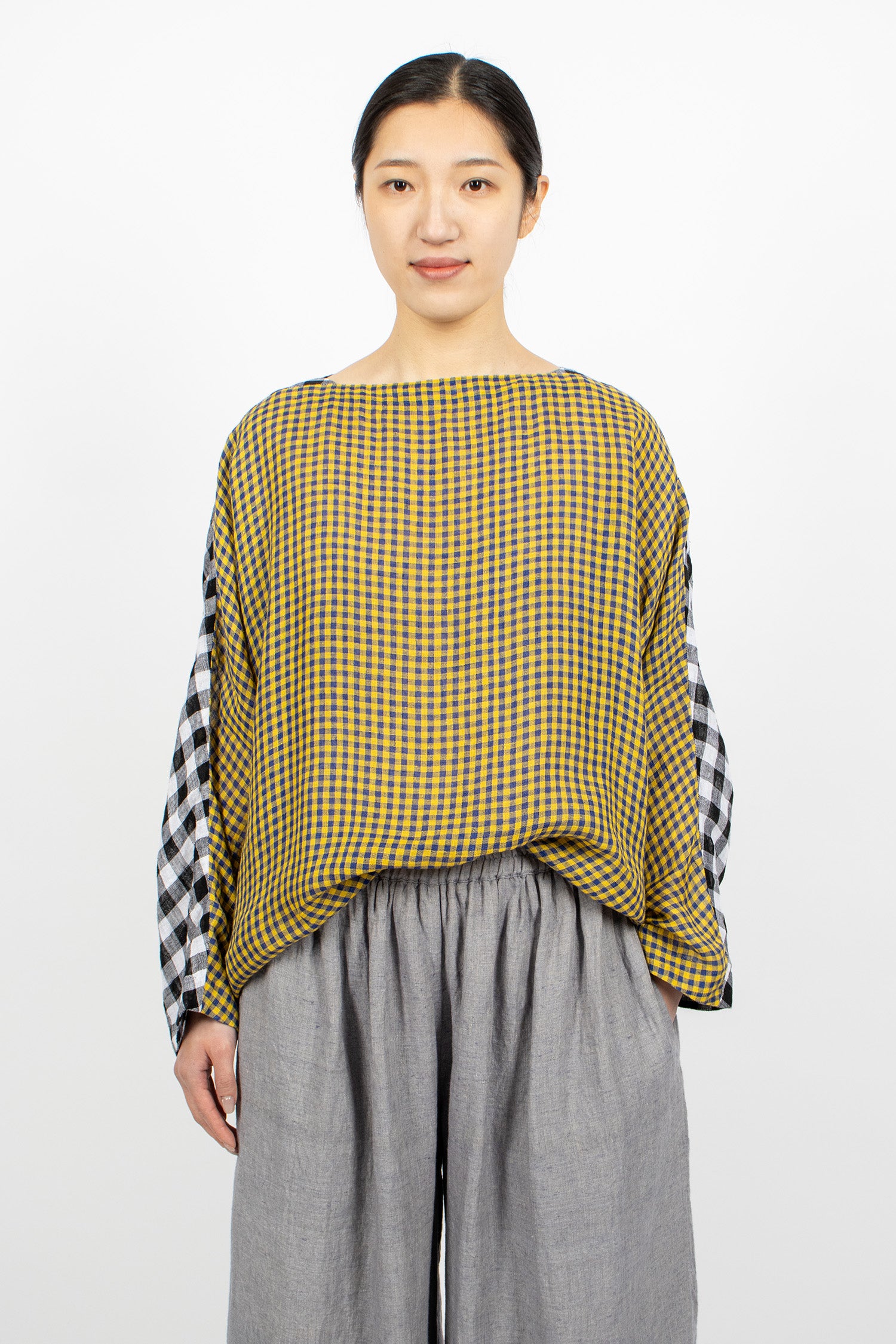 Two Tone Boatneck Blouse Check