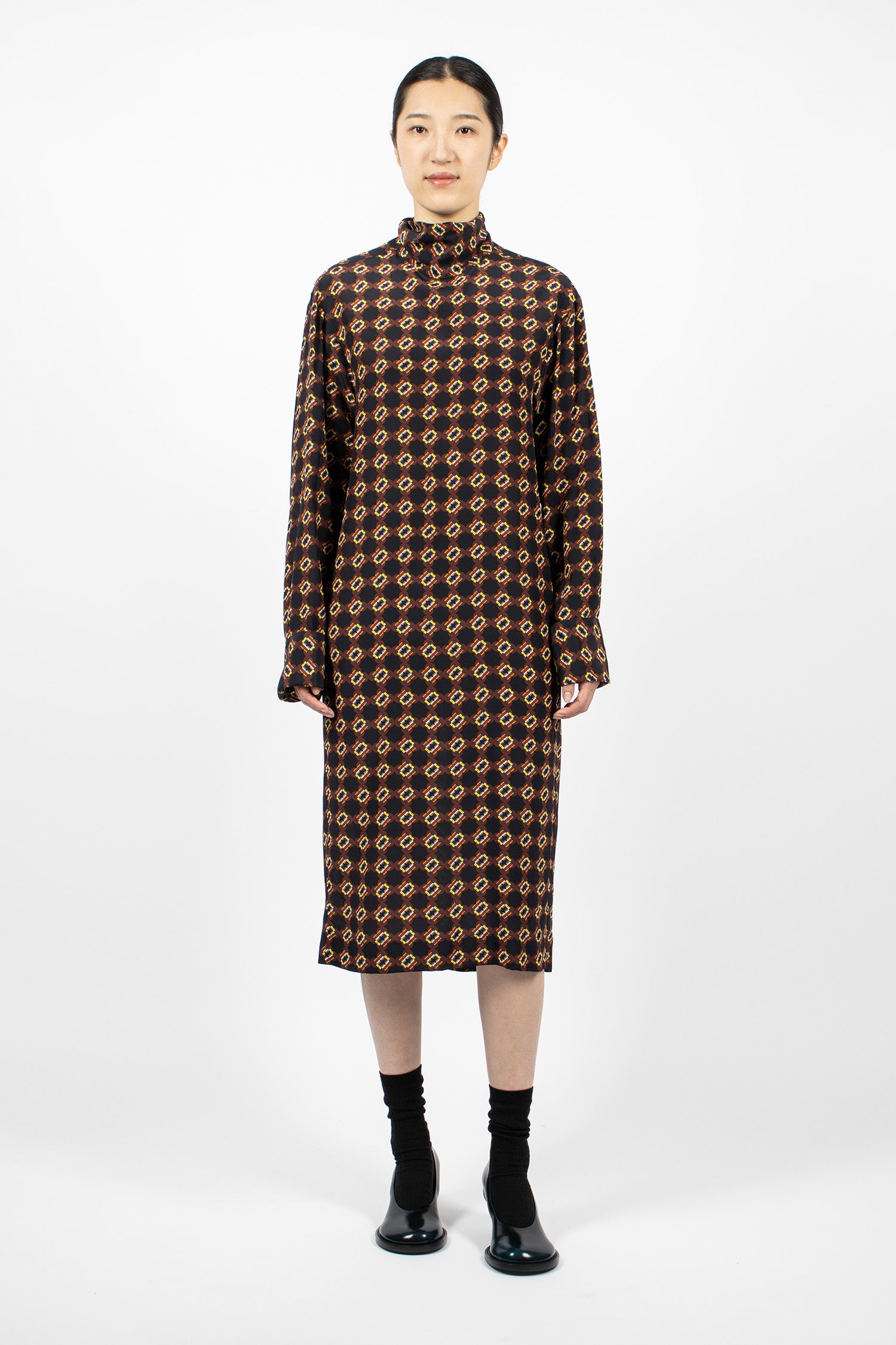 Draped Printed Dress Navy