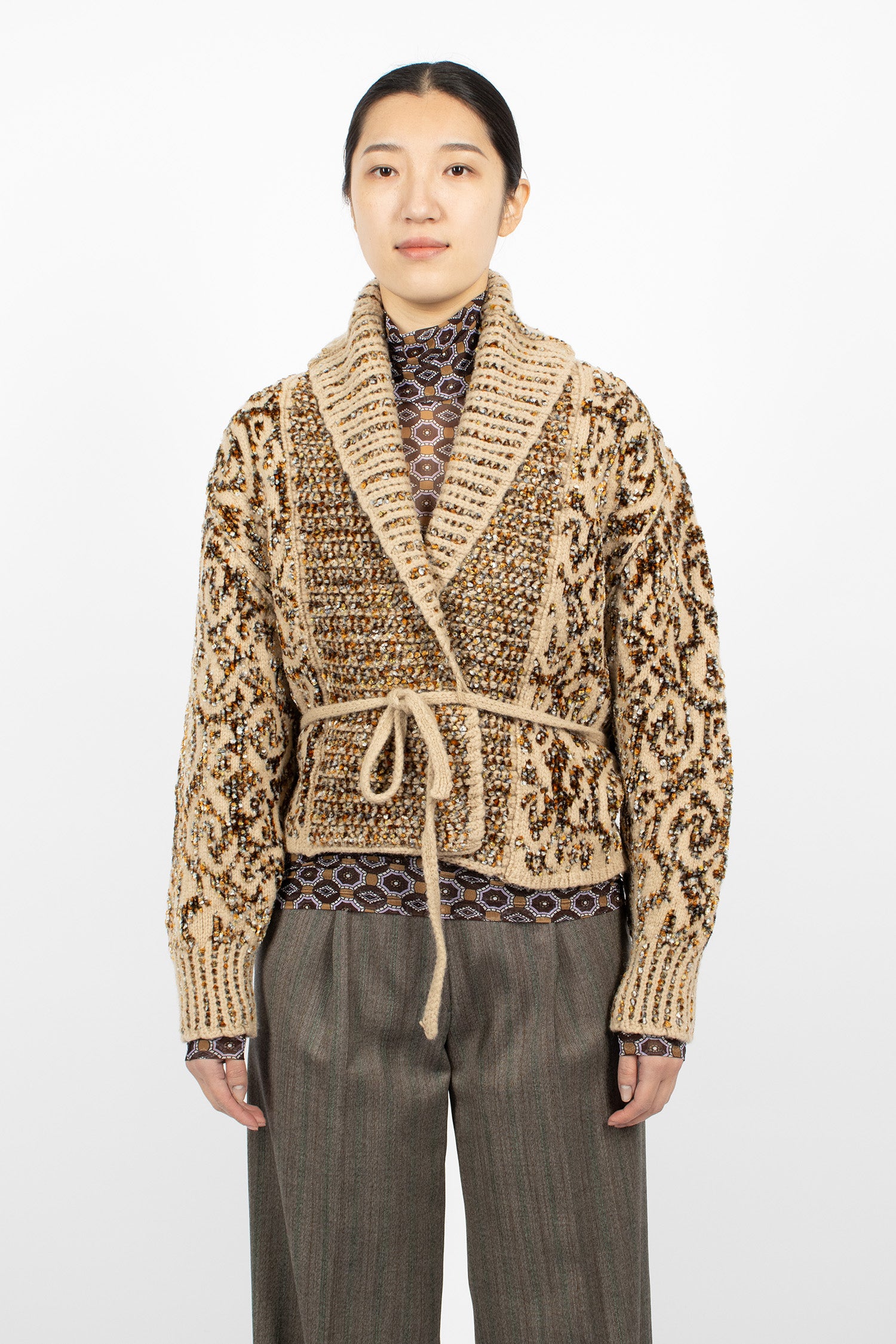 Jacquard Wrap Sweater Beige